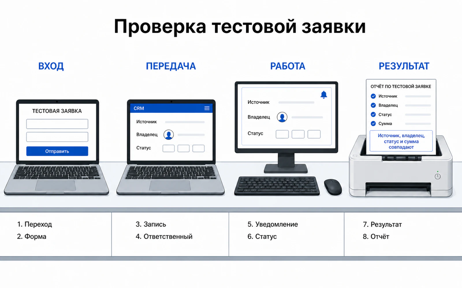 Проверка тестовой заявки от перехода и формы до CRM, результата и итогового отчёта.