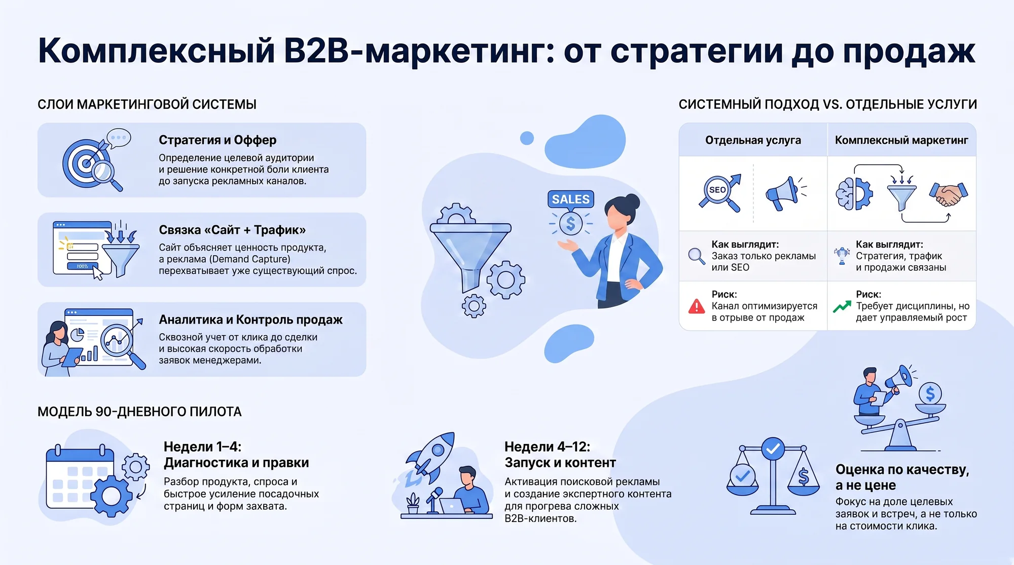 Инфографика: комплексный B2B-маркетинг через стратегию, сайт, трафик, аналитику, продажи и 90 дней