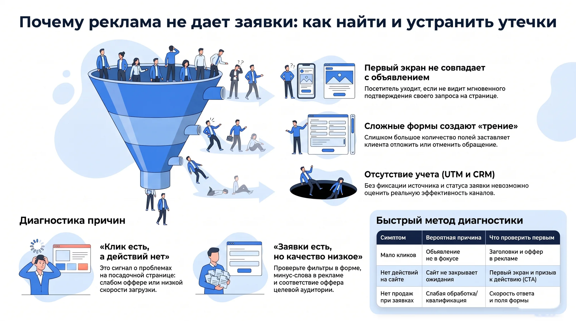 Инфографика: утечки заявок из рекламы через первый экран, форму, UTM, CRM и обработку