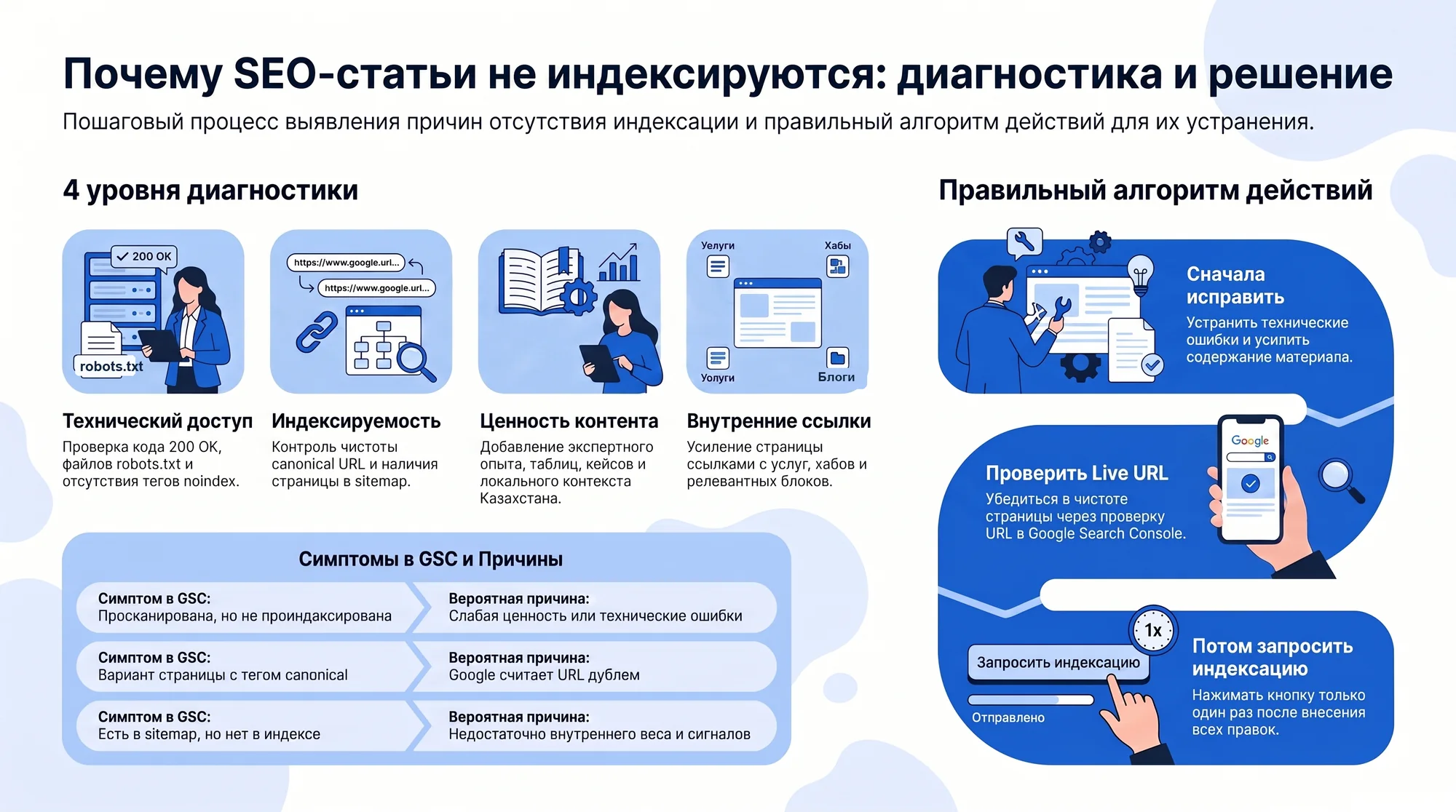 Инфографика: диагностика неиндексации SEO-статей через доступ, индексируемость, контент, ссылки и запрос