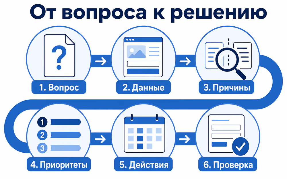 Шесть этапов маркетингового консалтинга от постановки вопроса и проверки данных до приоритетов, передачи решения и контроля внедрения