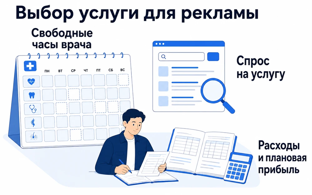 Перед рекламой клиника проверяет свободные часы врача, спрос на услугу, расходы и плановую прибыль