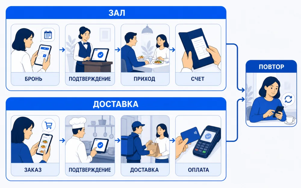 Две ветки выручки ресторана: зал и доставка