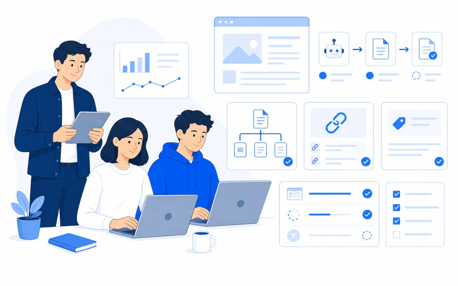 Специалисты Метриум проверяют индексацию SEO-статьи, sitemap, canonical, внутренние ссылки и качество контента