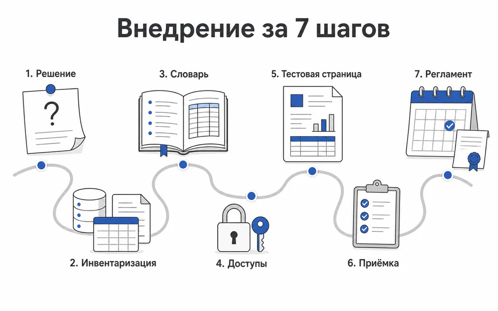 Семь шагов внедрения Data Studio: решение, инвентаризация, словарь метрик, доступы, тест, приемка и регламент.