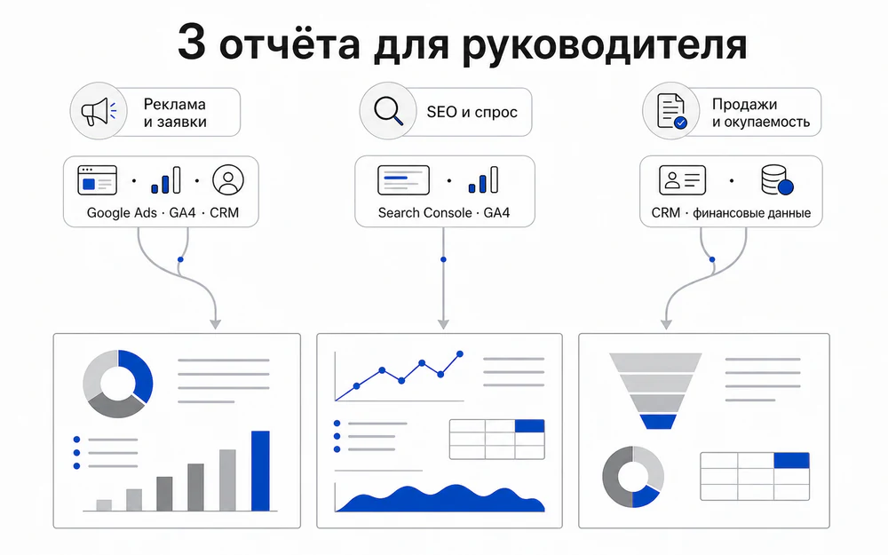 Три отчета Data Studio для рекламы, SEO и продаж с источниками, показателями и решениями руководителя.