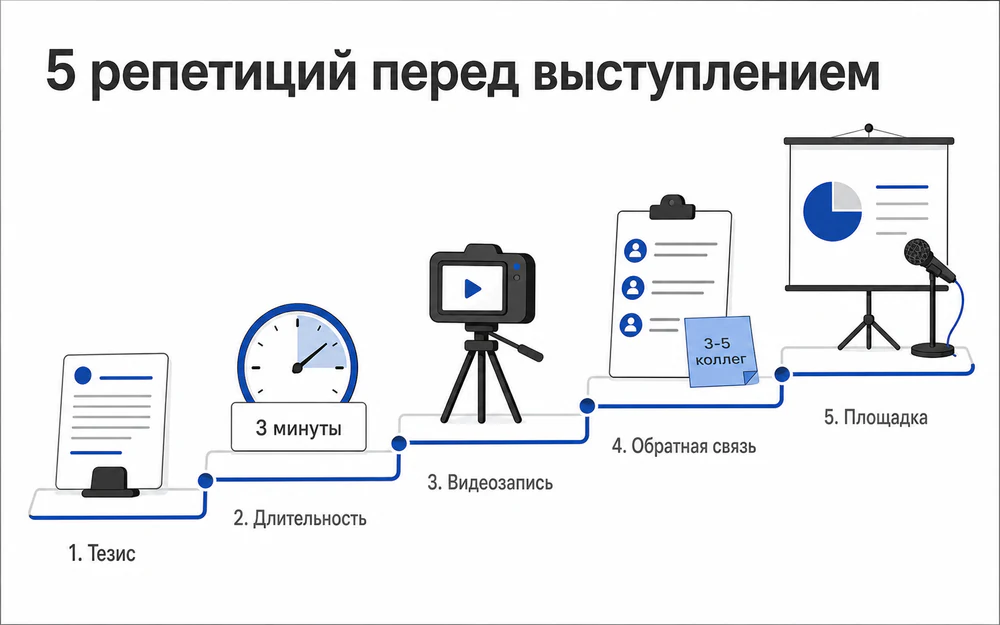 Пять репетиций делового выступления: тезис, длительность, видеозапись, обратная связь и условия площадки.