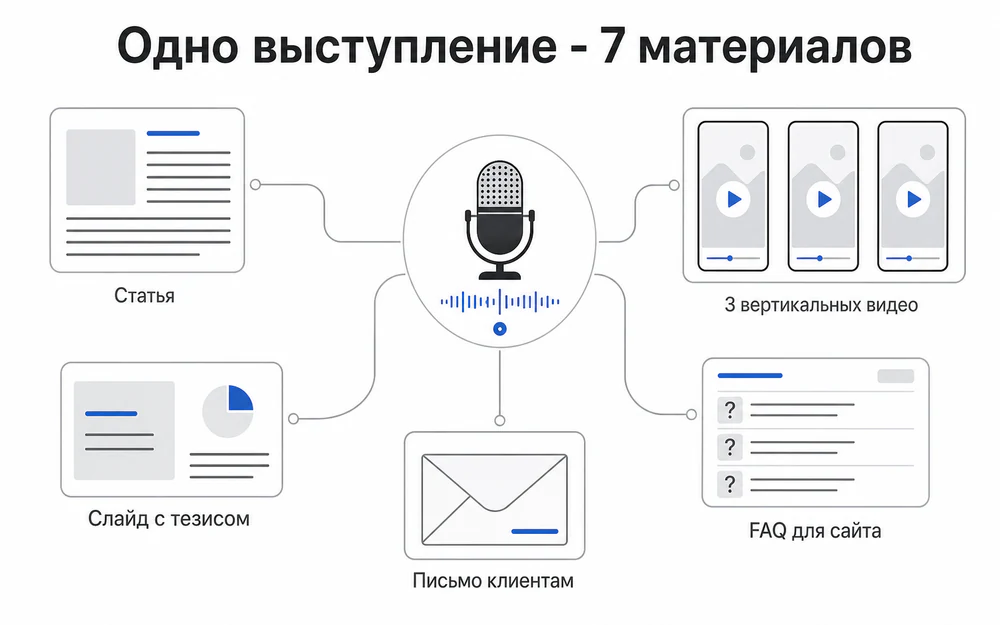 Семь материалов из одной записи выступления: статья, три вертикальных видео, слайд, письмо и FAQ.