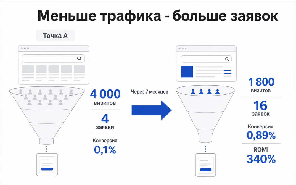 Сравнение архивного SEO-проекта: 4 000 и 1 800 визитов, 4 и 16 заявок, конверсия 0,1% и 0,89%, ROMI 340%.