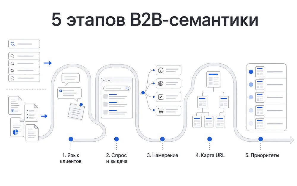 Пять этапов подготовки B2B-семантики: язык клиента, спрос, намерение, карта URL и приоритет страниц.