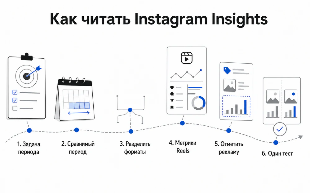 Шесть шагов анализа Instagram Insights: задача, период, форматы, метрики Reels, контекст публикаций и один тест.