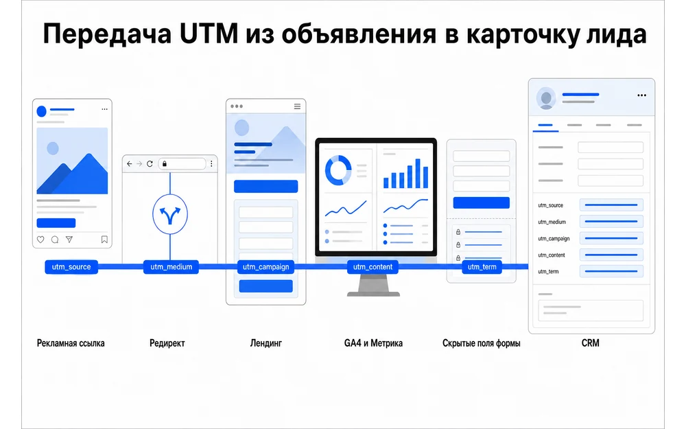 Передача UTM-меток из рекламной ссылки через сайт и аналитику в карточку CRM.