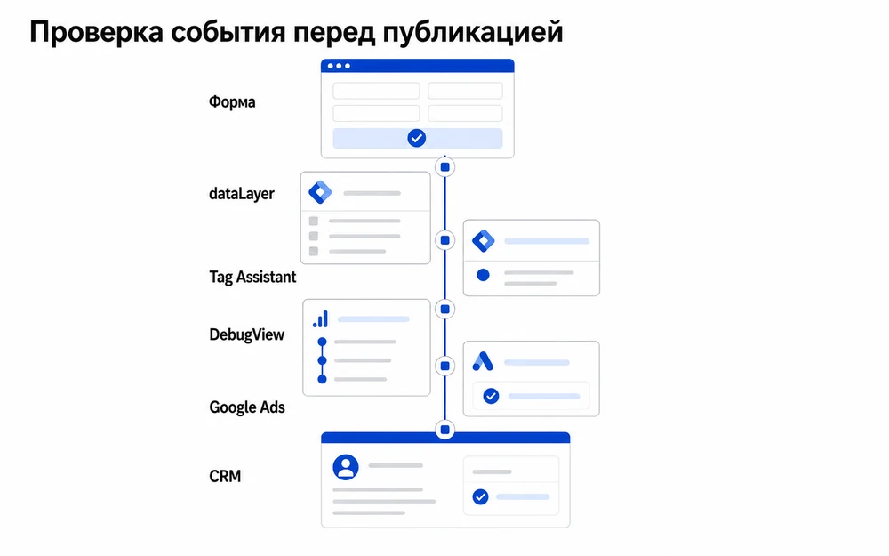 Шесть проверок события заявки перед публикацией контейнера GTM.