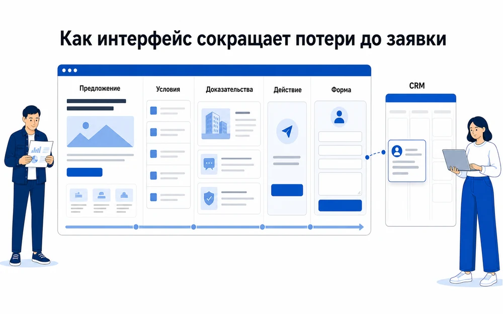 Шесть участков интерфейса от предложения до записи заявки в CRM.