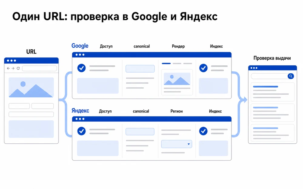 Параллельная проверка одного URL в Google Search Console и Яндекс Вебмастере.