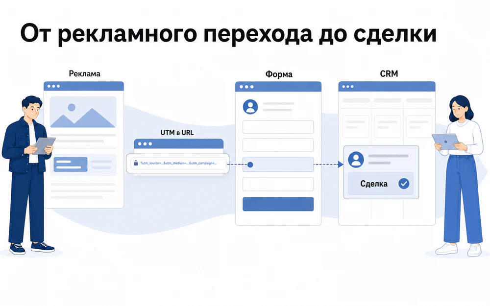 Пять этапов передачи рекламных данных от объявления с UTM до сделки в CRM.