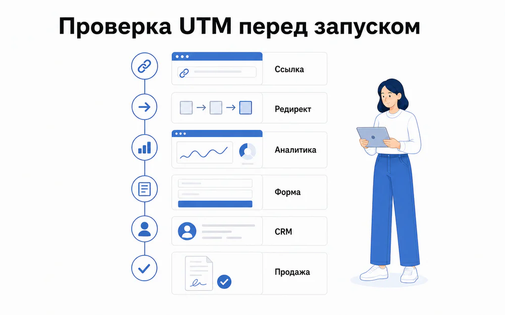 Шесть проверок UTM-ссылки от рекламного URL до статуса продажи.