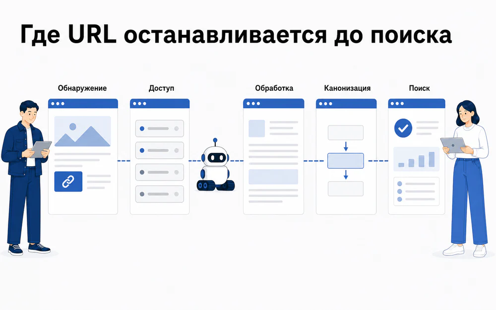 Пять этапов прохождения URL от обнаружения до включения в поиск Яндекса.