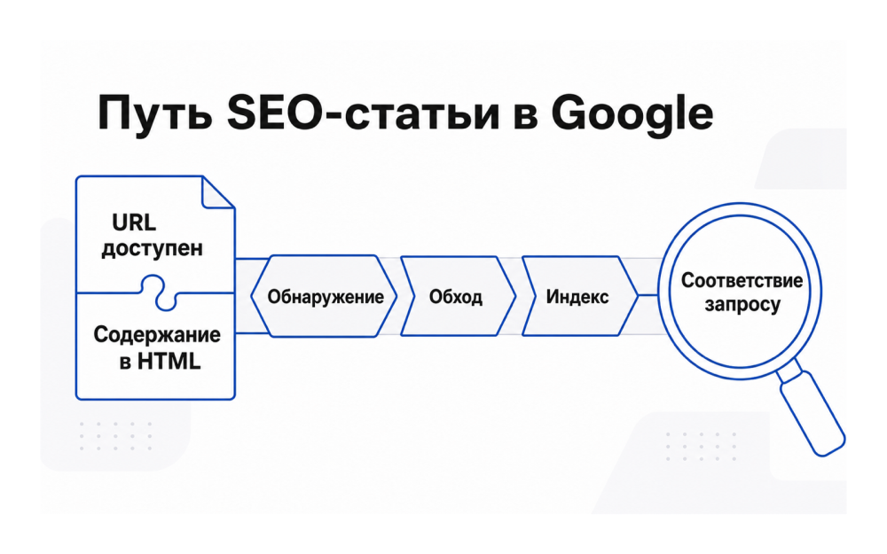 Этапы появления SEO-статьи в поиске Google: доступность, обнаружение, обход, индексация и соответствие запросу