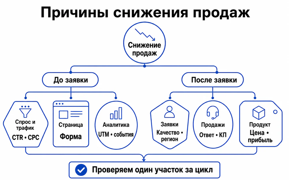 Дерево причин снижения продаж: спрос, трафик, посадочная страница, аналитика, заявки, продажи и продукт
