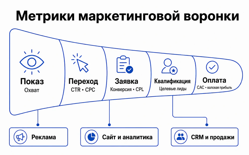 Этапы маркетинговой воронки от показа до оплаты с показателями CTR, конверсии, CPL, квалификации и продаж