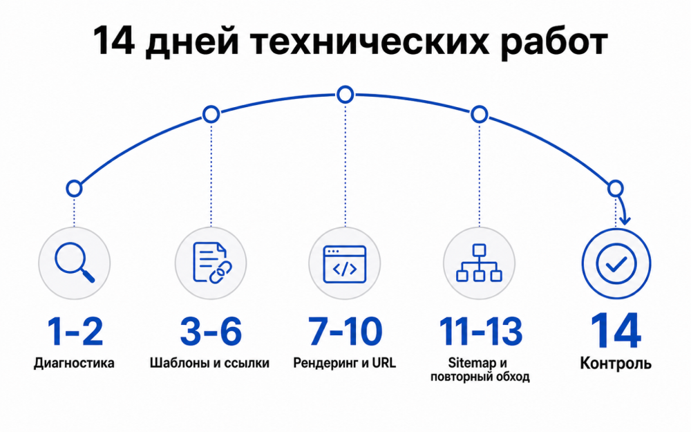 Шкала проекта Метриум на 14 дней: диагностика, исправление шаблонов, внутренние ссылки, рендеринг, очистка URL и повторный контроль