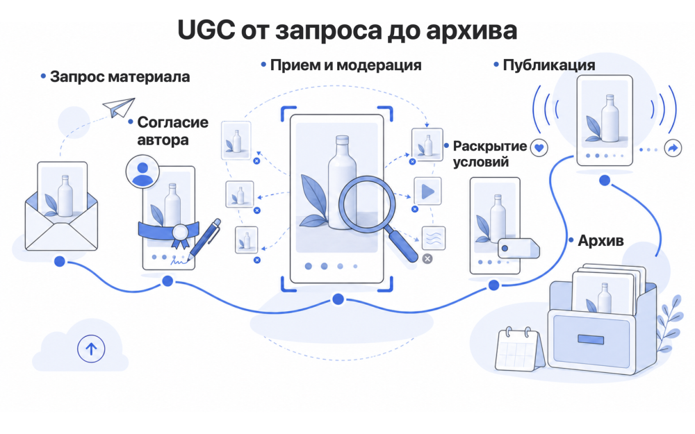 Путь UGC-материала от запроса клиенту до публикации и архива