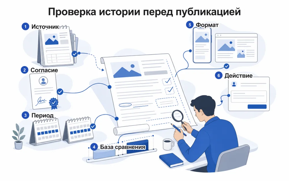 Проверка фактов, прав и показателей перед публикацией истории