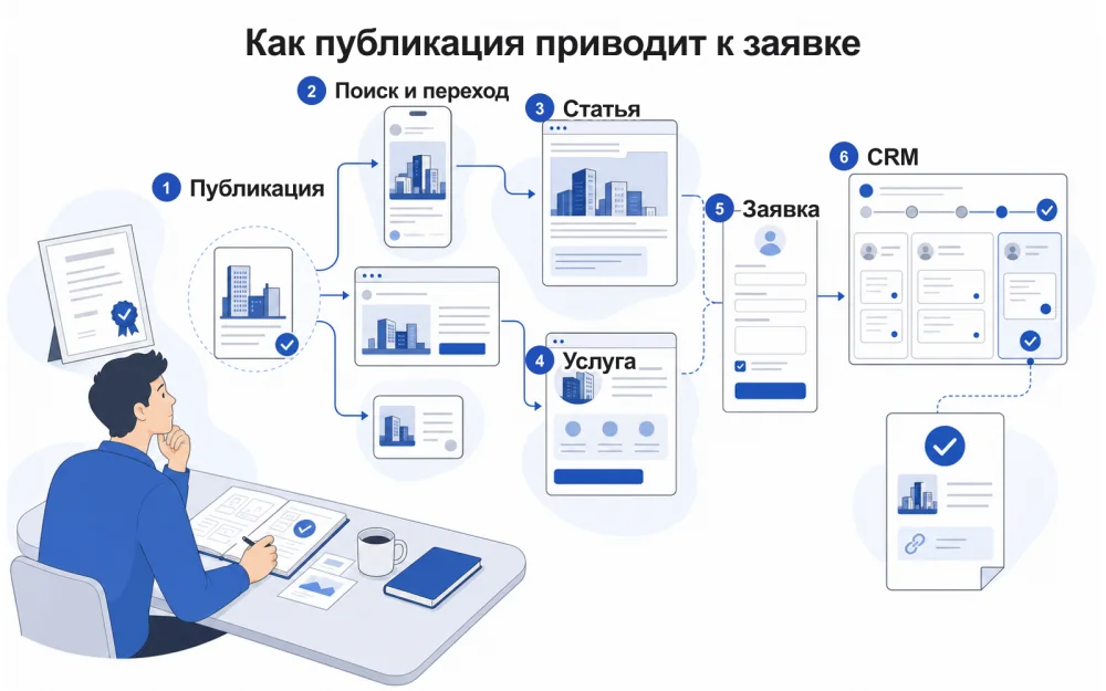 Как публикация в социальной сети приводит к статье, услуге и заявке