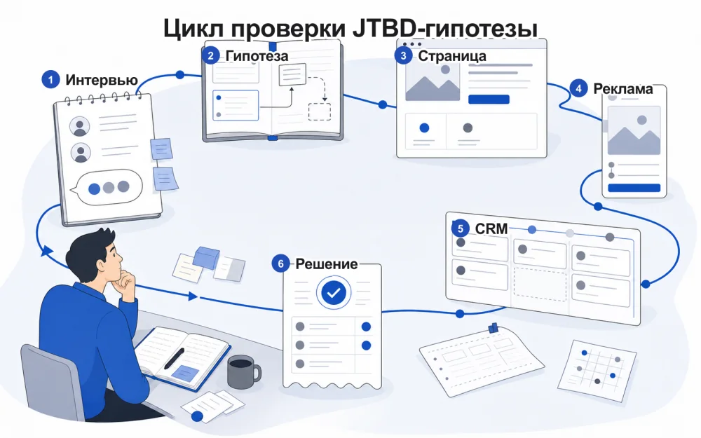 Цикл проверки JTBD-гипотезы по рекламе и CRM
