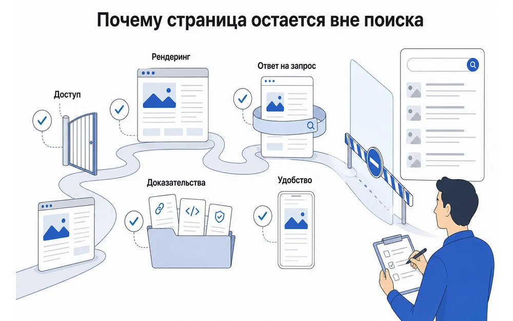 Пять зон проверки страницы перед включением в поисковую выдачу.