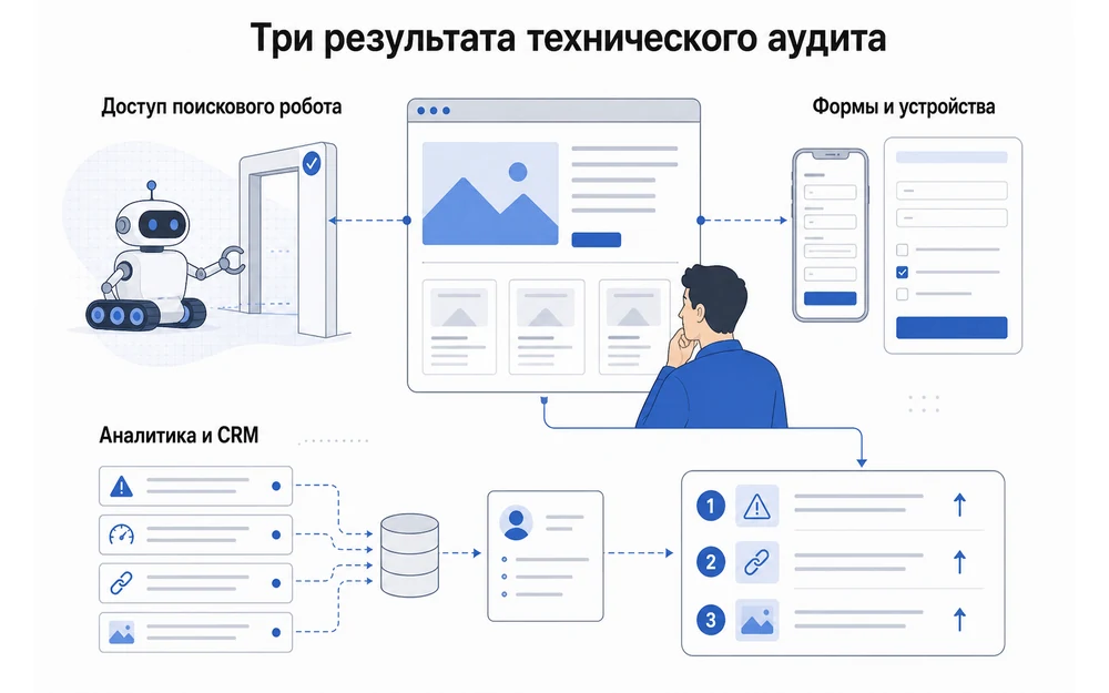 Технический аудит доступа, форм, мобильной версии, аналитики и CRM.