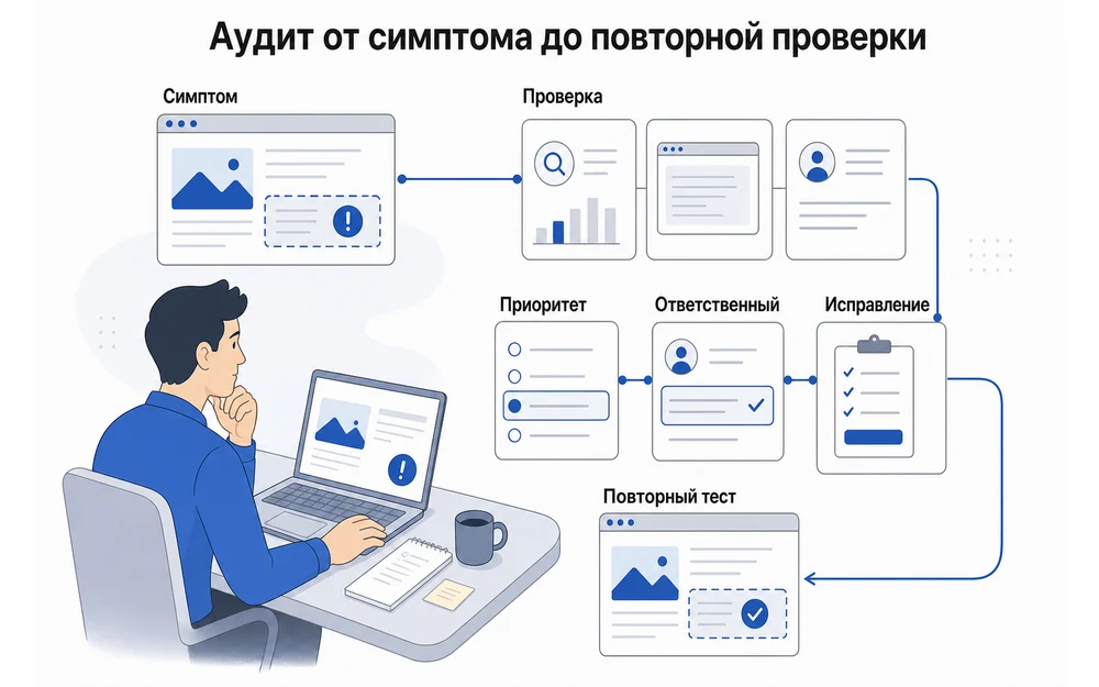 Как технический аудит переводит симптом сайта в исправление и повторный тест.
