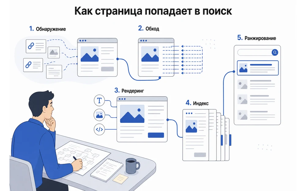 Пять стадий появления страницы в поиске от обнаружения до ранжирования.