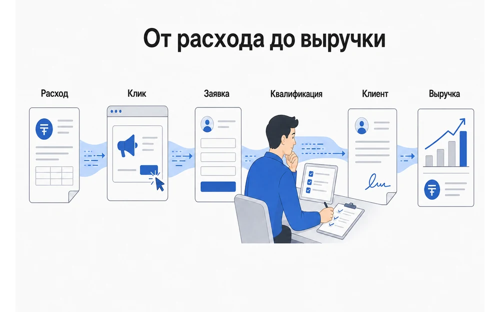 Как рекламный расход проходит от клика и заявки до клиента и выручки.