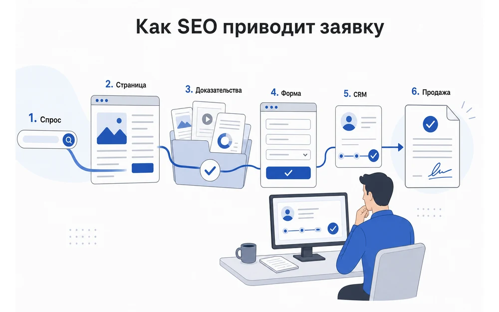 Карта спроса, URL, технические работы, контент и CRM в SEO-стратегии.