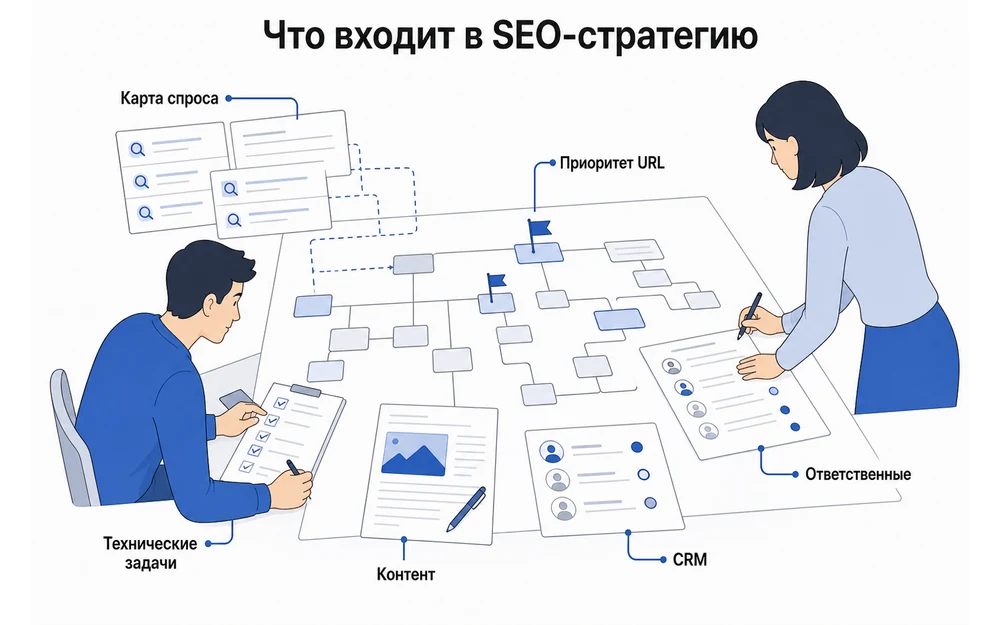 Как поисковый спрос проходит через страницу и CRM до продажи.