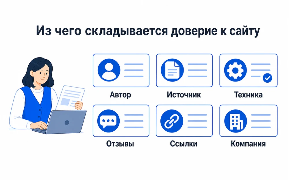 Шесть групп признаков доверия к сайту: автор, источник, техника, отзывы, ссылки и сведения о компании.
