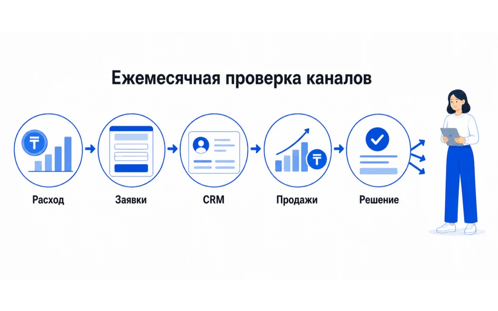 Ежемесячная проверка расходов, заявок, статусов CRM, продаж и решения по каналам.