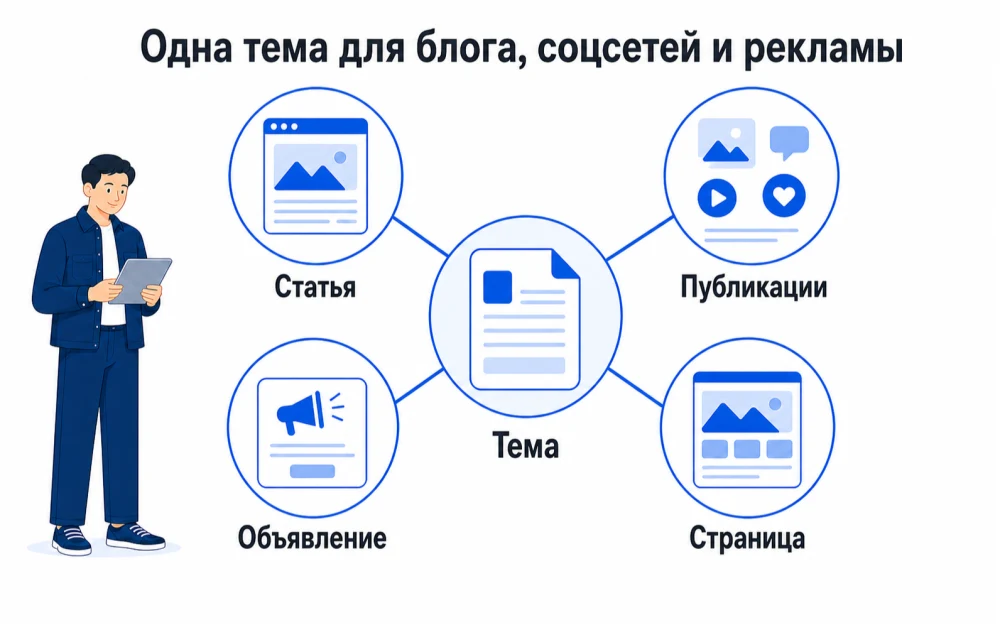 Одна тема превращается в статью, социальные публикации, рекламное объявление и целевую страницу.