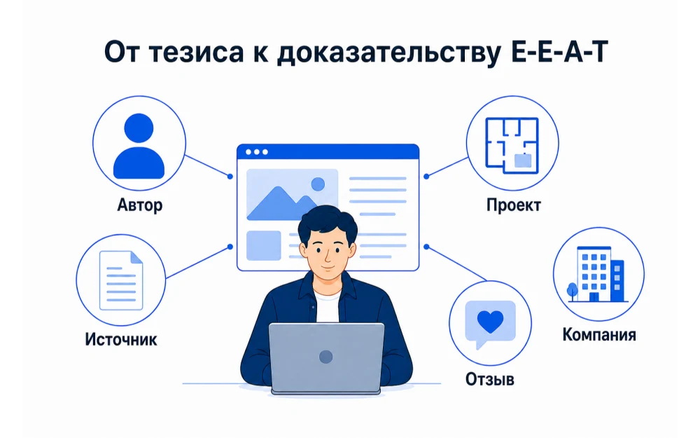 Пять доказательств E-E-A-T от автора и источника до проекта, отзыва и сведений о компании.