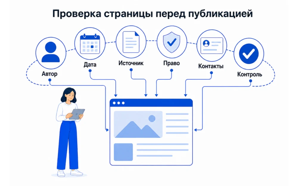 Шесть проверок страницы E-E-A-T перед публикацией от автора до итогового контроля.