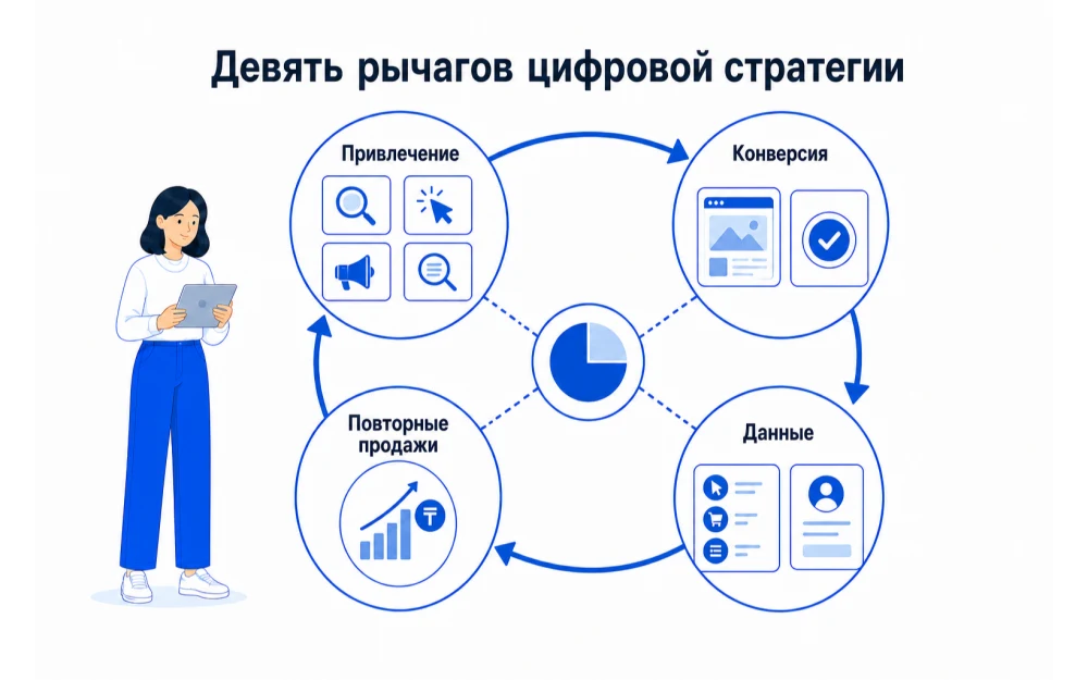 Девять рычагов цифровой стратегии, распределенные между привлечением, конверсией, данными и повторными продажами.