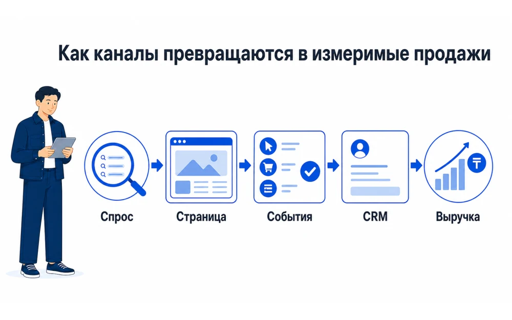 Пять участков цифровой стратегии от спроса и страницы до CRM и выручки.