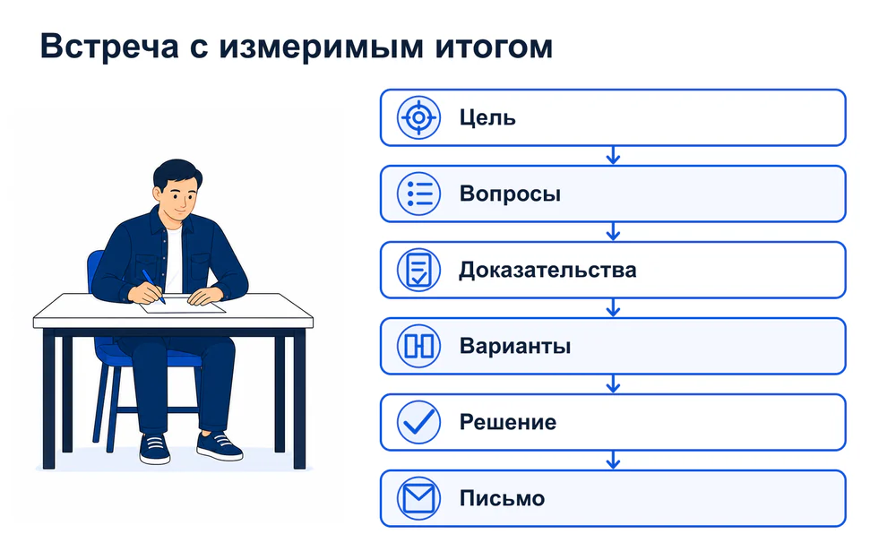 Шесть этапов деловой встречи от цели и вопросов до решения и письма.