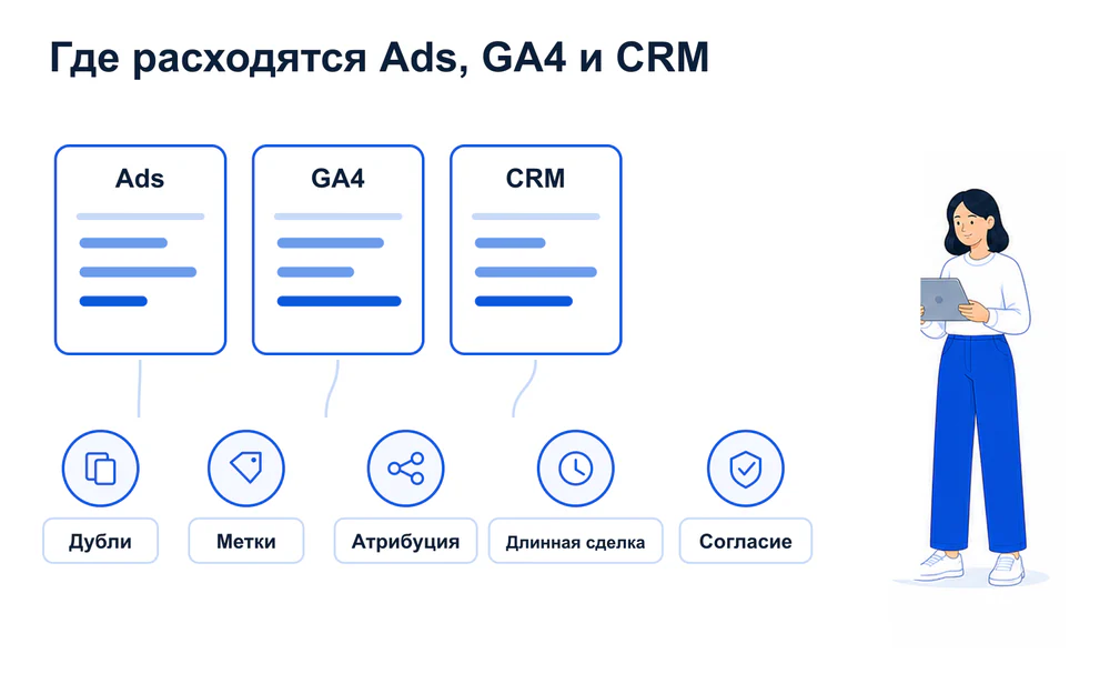 Пять причин расхождения данных Google Ads, GA4 и CRM.