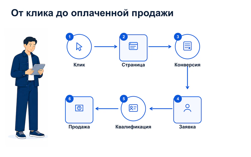 Шесть этапов расчета стоимости заявки в Google Ads от клика до оплаченной продажи.