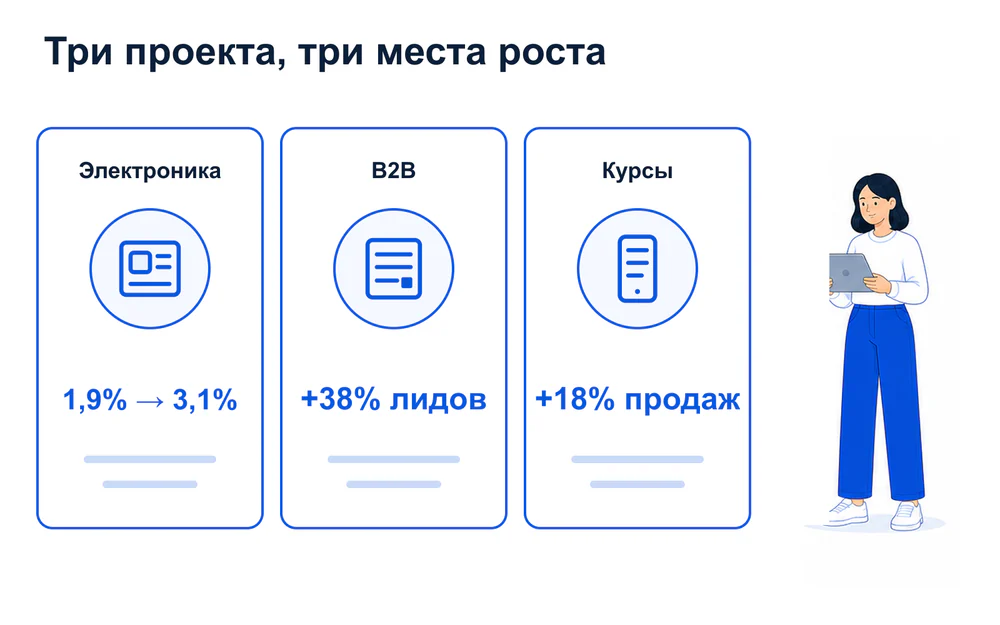 Результаты трех проектов Метриум после улучшения карточек, формы и мобильного предложения.