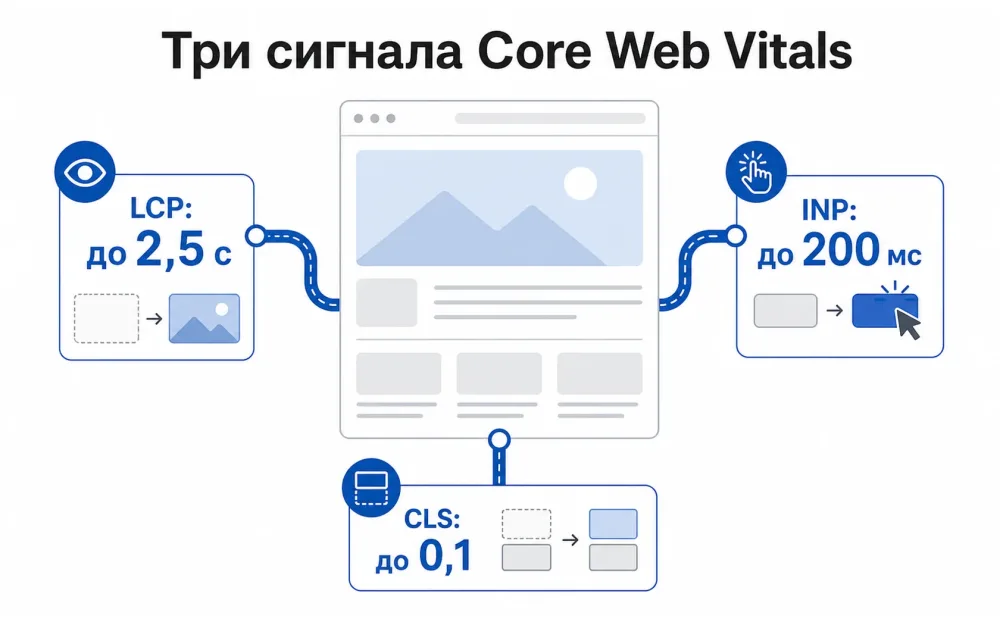 Схема Core Web Vitals: LCP до 2,5 секунды, INP до 200 миллисекунд, CLS до 0,1.