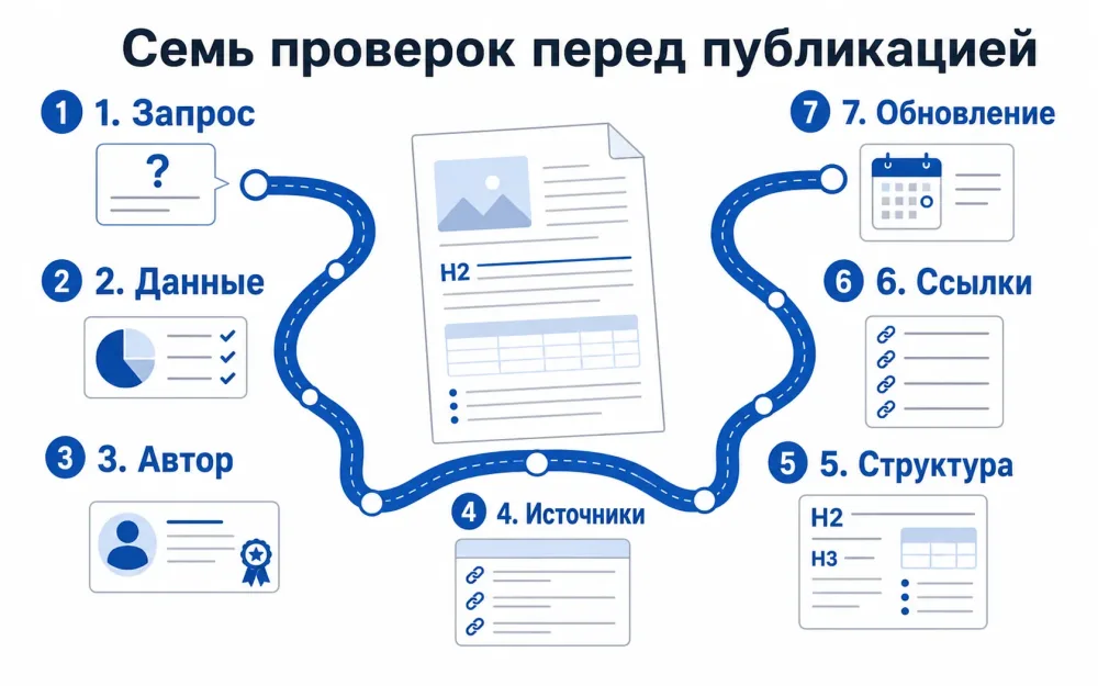 Семь проверок статьи перед публикацией: запрос, данные, автор, источники, структура, ссылки и обновление.